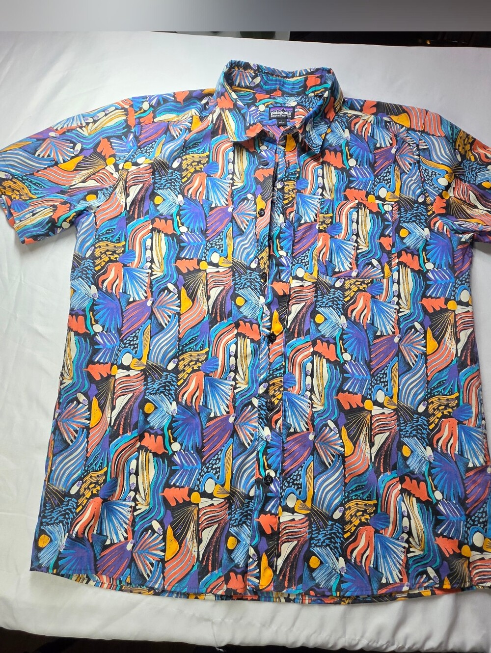 Patagonia Go-To Shirt L Piton Paradise Channel Blue Tropical Button Up